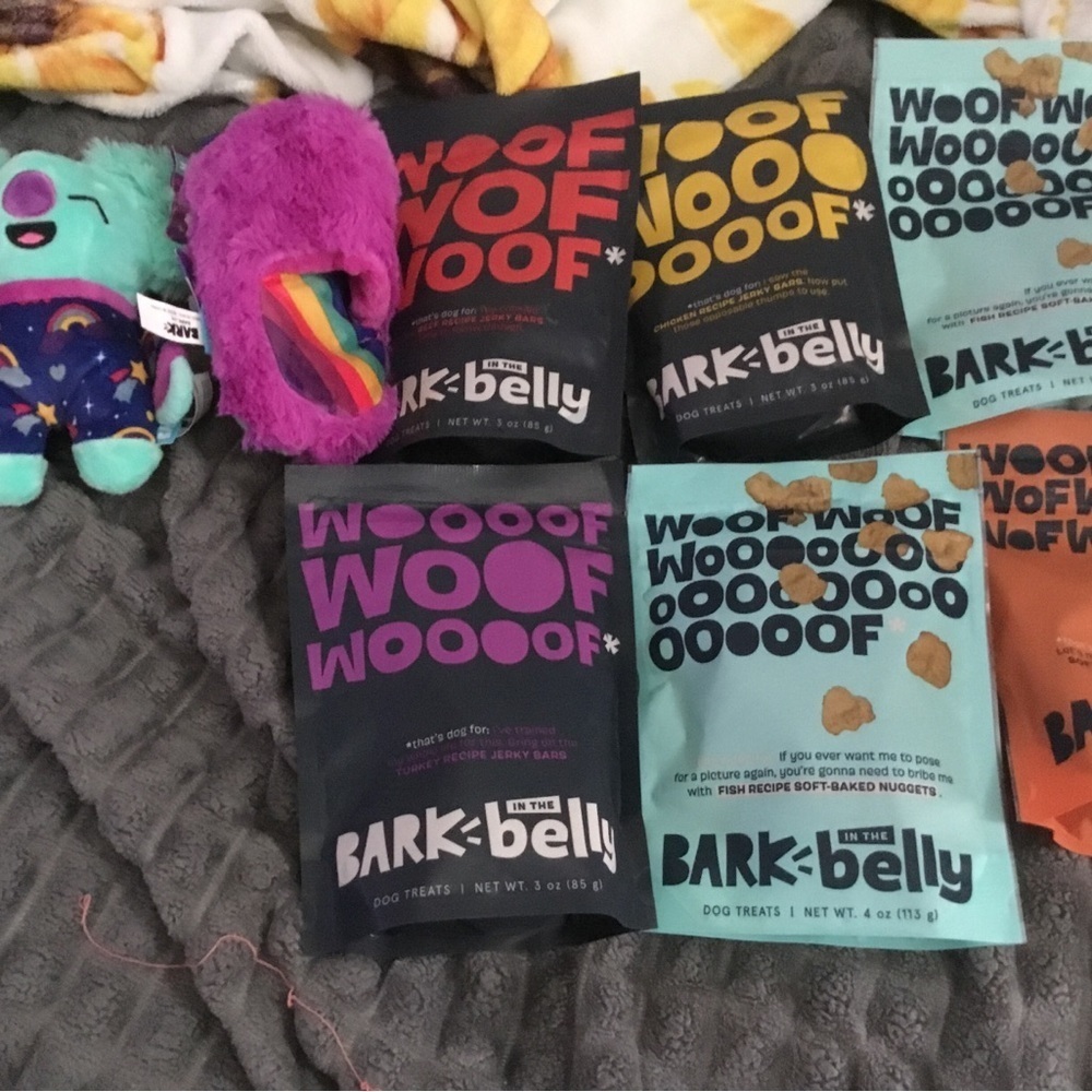 Bundle of Bark Belly Dog Treats and toys sealed new